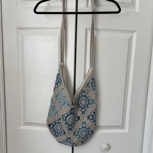 Blue and Cream Crochet Patterned Women's Sling Bag